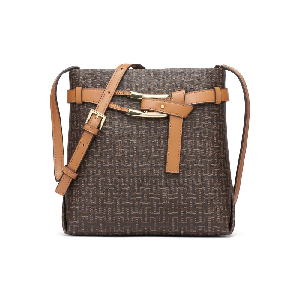 7018 H Tasha Signature Logo Magnetic Snap Crossbody, Brown/Oak